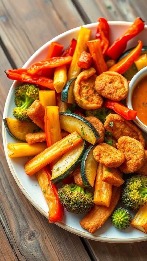 Crispy Air Fryer Vegetarian Delight Crispy air-fried mixed vegetables including bell peppers, zucchini, and broccoli on a plate with herbs.
